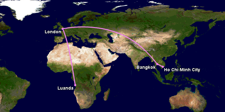 Bay từ Sài Gòn đến Luanda qua Bangkok, London