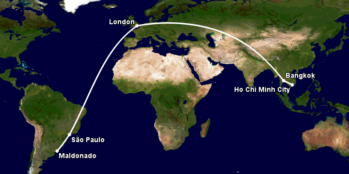Bay từ Sài Gòn đến Punta Del Este qua Bangkok, London, Sao Paulo