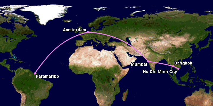 Bay từ Sài Gòn đến Paramaribo qua Bangkok, Mumbai, Amsterdam