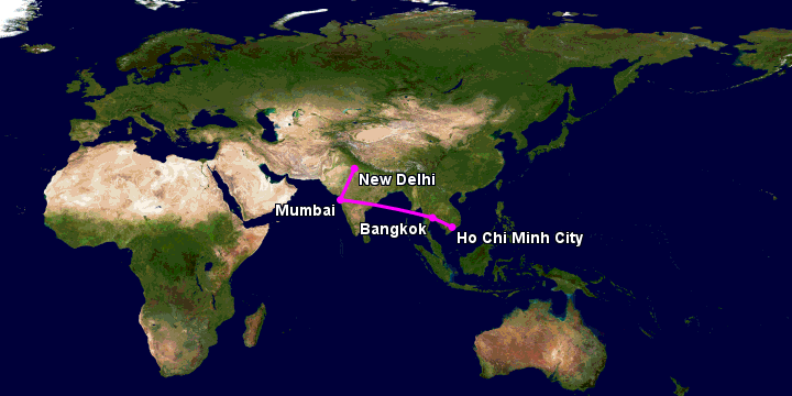Bay từ Sài Gòn đến Delhi qua Bangkok, Mumbai, New Delhi