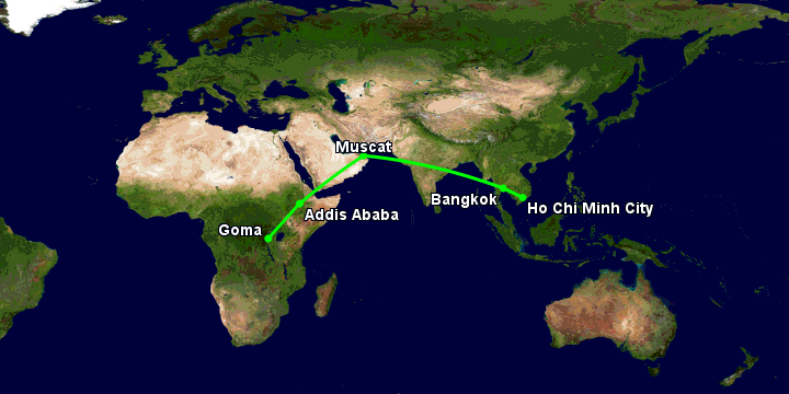 Bay từ Sài Gòn đến Goma qua Bangkok, Muscat, Addis Ababa