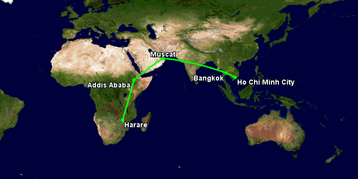 Bay từ Sài Gòn đến Harare qua Bangkok, Muscat, Addis Ababa