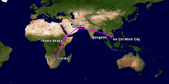 Bay từ Sài Gòn đến Kariba qua Bangkok, Muscat, Addis Ababa