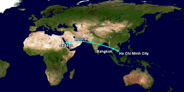 Bay từ Sài Gòn đến Jeddah qua Bangkok, Muscat