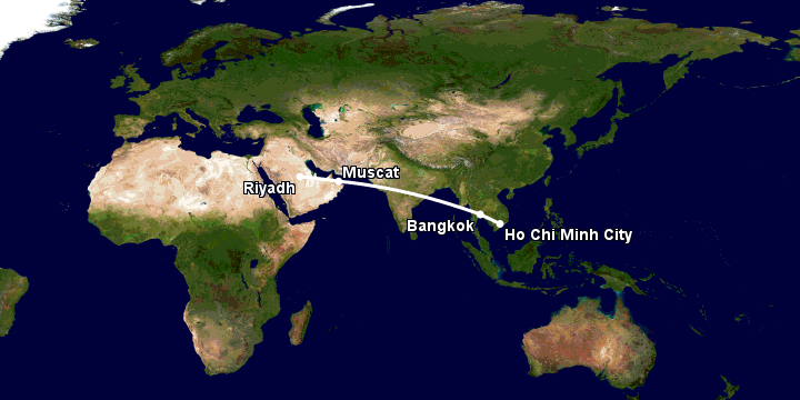 Bay từ Sài Gòn đến Riyadh qua Bangkok, Muscat, Riyadh