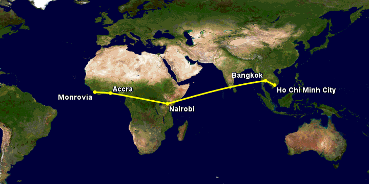 Bay từ Sài Gòn đến Monrovia Rob qua Bangkok, Nairobi, Accra