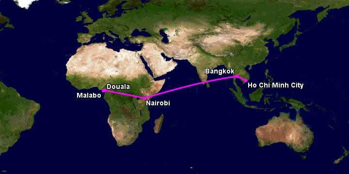 Bay từ Sài Gòn đến Malabo qua Bangkok, Nairobi, Douala