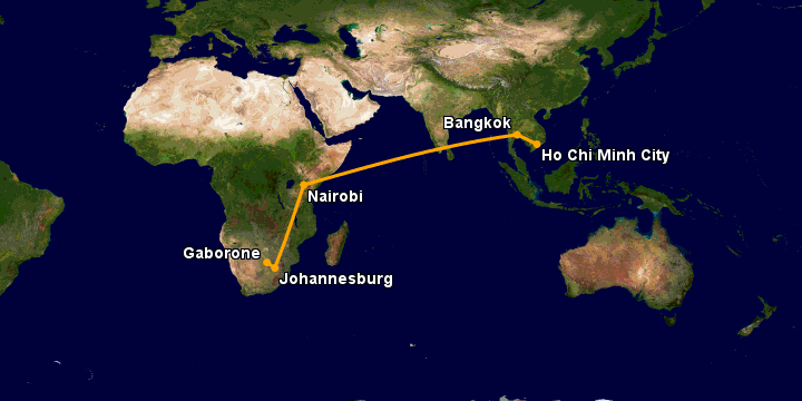 Bay từ Sài Gòn đến Gaborone qua Bangkok, Nairobi, Johannesburg
