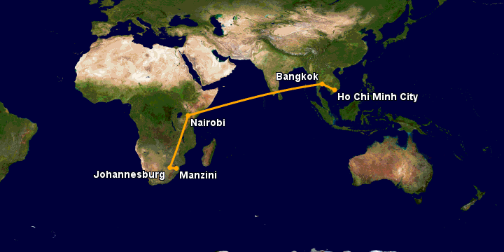 Bay từ Sài Gòn đến Manzini qua Bangkok, Nairobi, Johannesburg