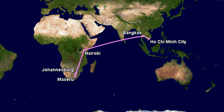 Bay từ Sài Gòn đến Maseru qua Bangkok, Nairobi, Johannesburg