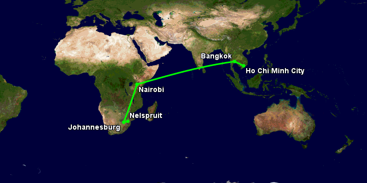 Bay từ Sài Gòn đến Nelspruit qua Bangkok, Nairobi, Johannesburg