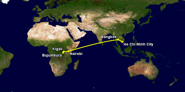 Bay từ Sài Gòn đến Bujumbura qua Bangkok, Nairobi, Kigali