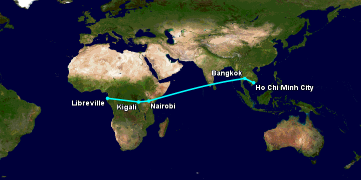Bay từ Sài Gòn đến Libreville qua Bangkok, Nairobi, Kigali