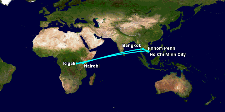 Bay từ Sài Gòn đến Phnom Penh qua Bangkok, Nairobi, Kigali