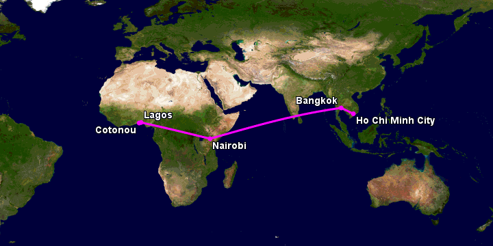 Bay từ Sài Gòn đến Cotonou qua Bangkok, Nairobi, Lagos