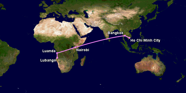 Bay từ Sài Gòn đến Lubango qua Bangkok, Nairobi, Luanda
