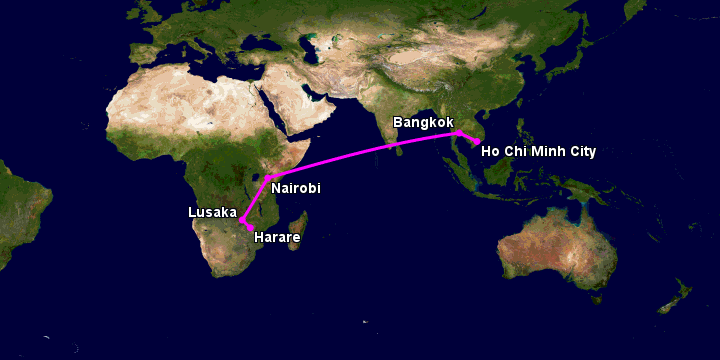 Bay từ Sài Gòn đến Harare qua Bangkok, Nairobi, Lusaka
