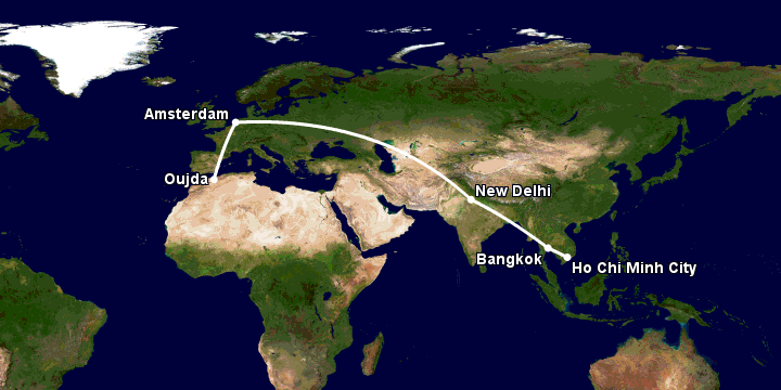 Bay từ Sài Gòn đến Oujda qua Bangkok, New Delhi, Amsterdam