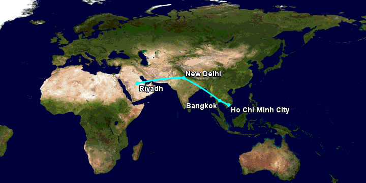 Bay từ Sài Gòn đến Riyadh qua Bangkok, New Delhi, Riyadh