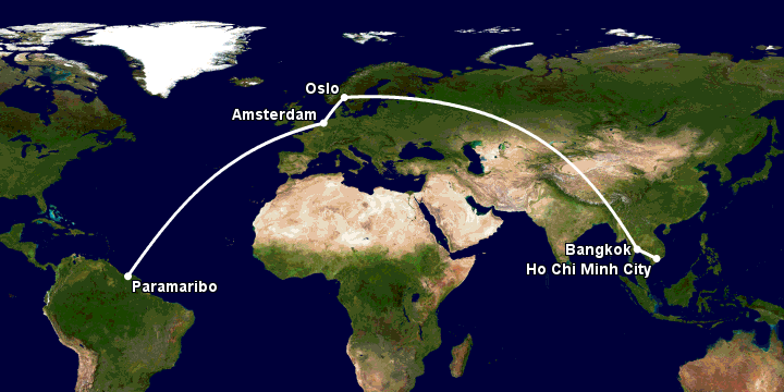 Bay từ Sài Gòn đến Paramaribo qua Bangkok, Oslo, Amsterdam