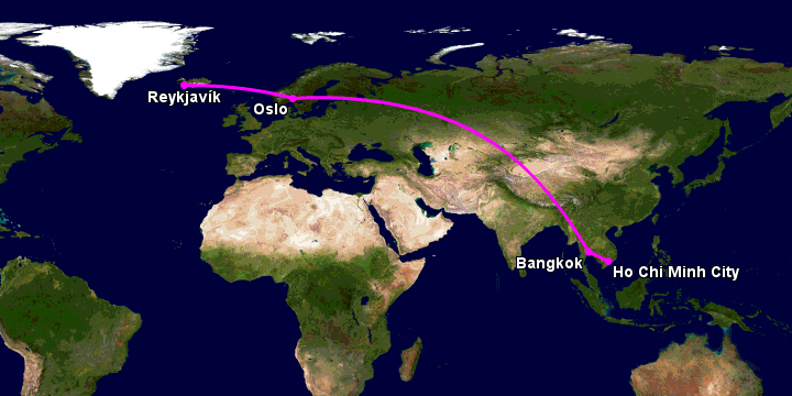 Bay từ Sài Gòn đến Reykjavik qua Bangkok, Oslo