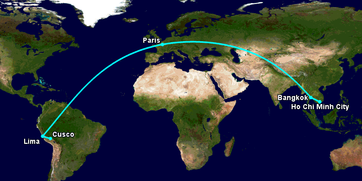 Bay từ Sài Gòn đến Cuzco qua Bangkok, Paris, Lima
