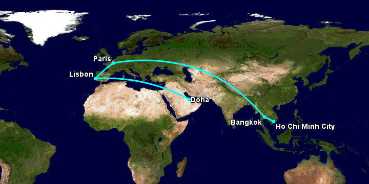 Bay từ Sài Gòn đến Doha qua Bangkok, Paris, Lisbon