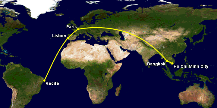 Bay từ Sài Gòn đến Recife qua Bangkok, Paris, Lisbon