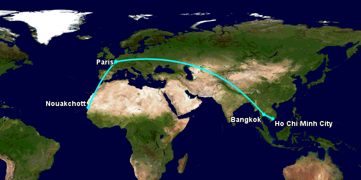 Bay từ Sài Gòn đến Nouakchott qua Bangkok, Paris