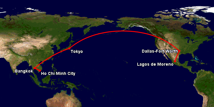 Bay từ Sài Gòn đến Lagos De Moreno qua Bangkok, Tokyo, Dallas