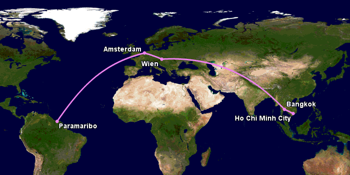 Bay từ Sài Gòn đến Paramaribo qua Bangkok, Vienna, Amsterdam