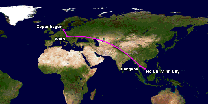 Bay từ Sài Gòn đến Copenhagen qua Bangkok, Vienna