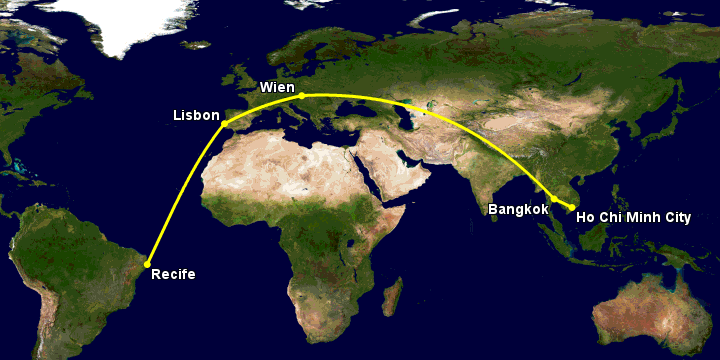 Bay từ Sài Gòn đến Recife qua Bangkok, Vienna, Lisbon