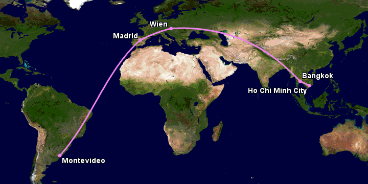 Bay từ Sài Gòn đến Montevideo qua Bangkok, Vienna, Madrid