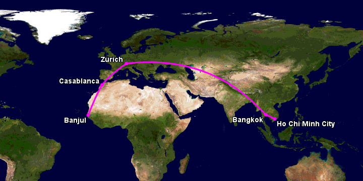 Bay từ Sài Gòn đến Banjul qua Bangkok, Zürich, Casablanca