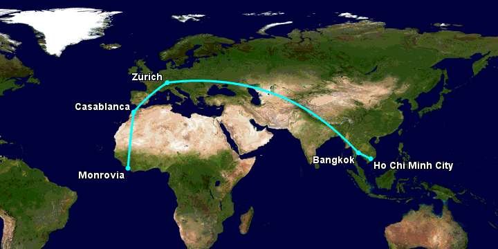 Bay từ Sài Gòn đến Monrovia Rob qua Bangkok, Zürich, Casablanca
