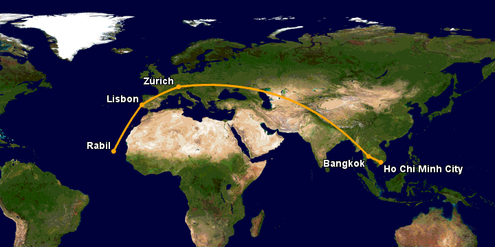 Bay từ Sài Gòn đến Boa Vista Cv qua Bangkok, Zürich, Lisbon