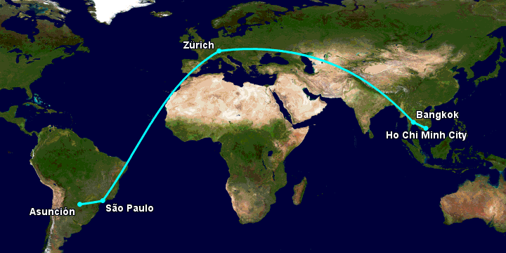 Bay từ Sài Gòn đến Asuncion qua Bangkok, Zürich, Sao Paulo
