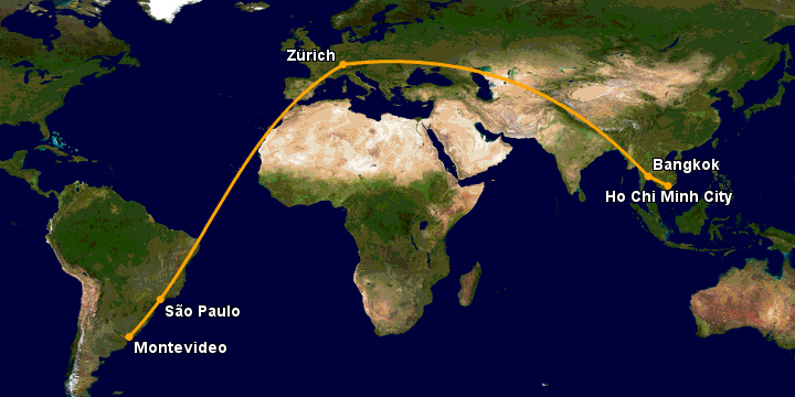 Bay từ Sài Gòn đến Montevideo qua Bangkok, Zürich, Sao Paulo