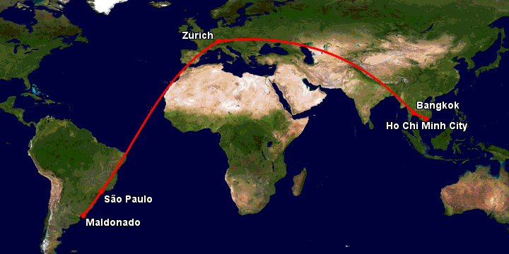 Bay từ Sài Gòn đến Punta Del Este qua Bangkok, Zürich, Sao Paulo