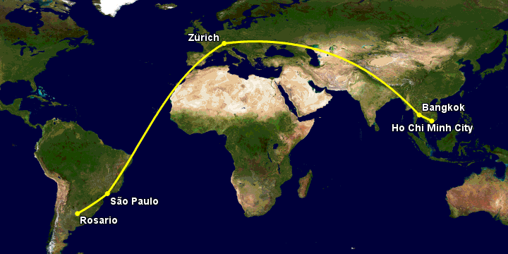 Bay từ Sài Gòn đến Rosario qua Bangkok, Zürich, Sao Paulo