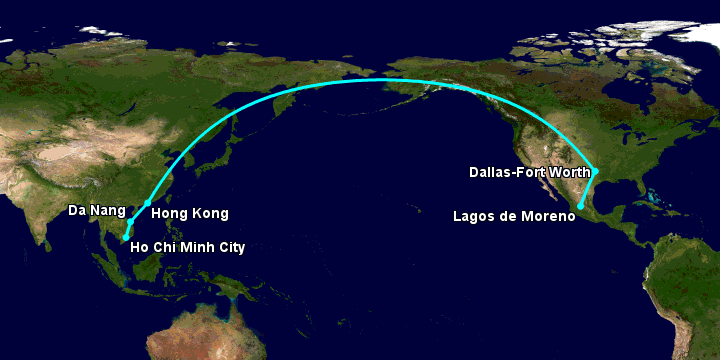 Bay từ Sài Gòn đến Lagos De Moreno qua Đà Nẵng, Hong Kong, Dallas