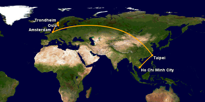 Bay từ Sài Gòn đến Oslo qua Đài Bắc, Amsterdam, Trondheim
