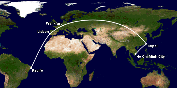 Bay từ Sài Gòn đến Recife qua Đài Bắc, Frankfurt, Lisbon