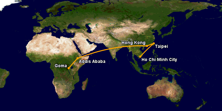 Bay từ Sài Gòn đến Goma qua Đài Bắc, Hong Kong, Addis Ababa