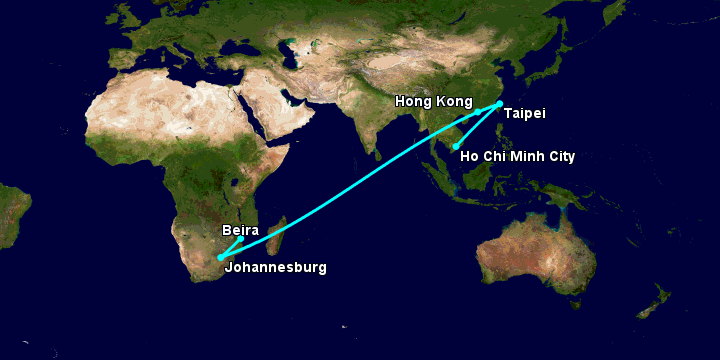 Bay từ Sài Gòn đến Beira qua Đài Bắc, Hong Kong, Johannesburg