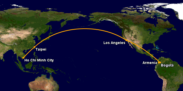 Bay từ Sài Gòn đến Armenia qua Đài Bắc, Los Angeles, Bogotá