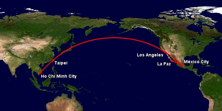 Bay từ Sài Gòn đến La Paz qua Đài Bắc, Los Angeles, Mexico City