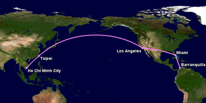 Bay từ Sài Gòn đến Barranquilla qua Đài Bắc, Los Angeles, Miami