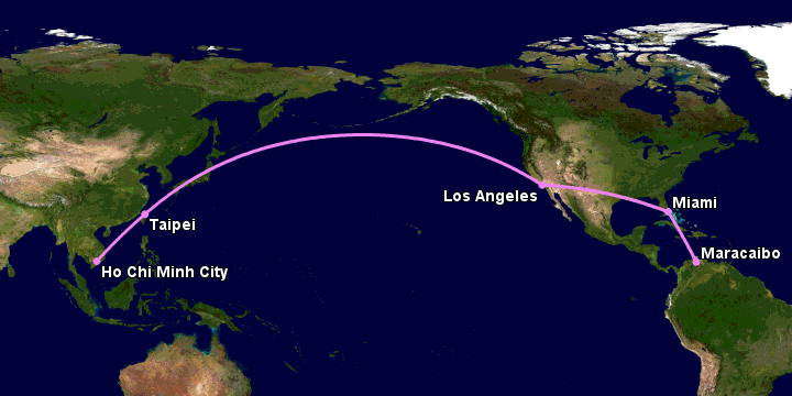 Bay từ Sài Gòn đến Maracaibo qua Đài Bắc, Los Angeles, Miami